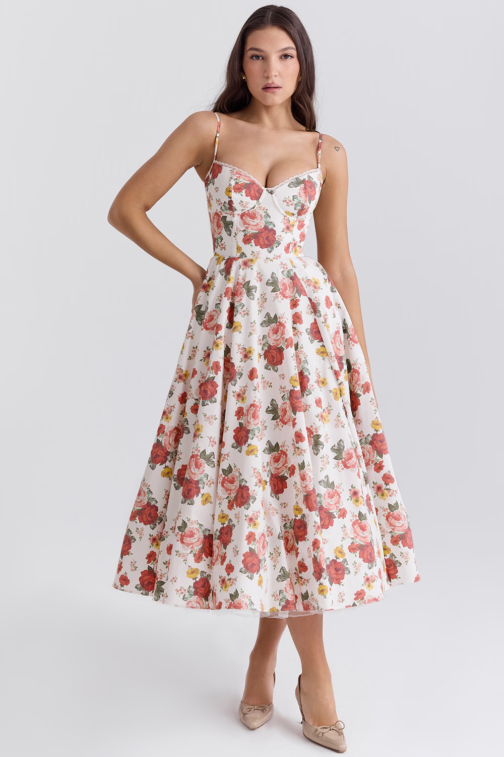 Beautiful women's formal midi dress featuring a boned bodice for a flattering fit.