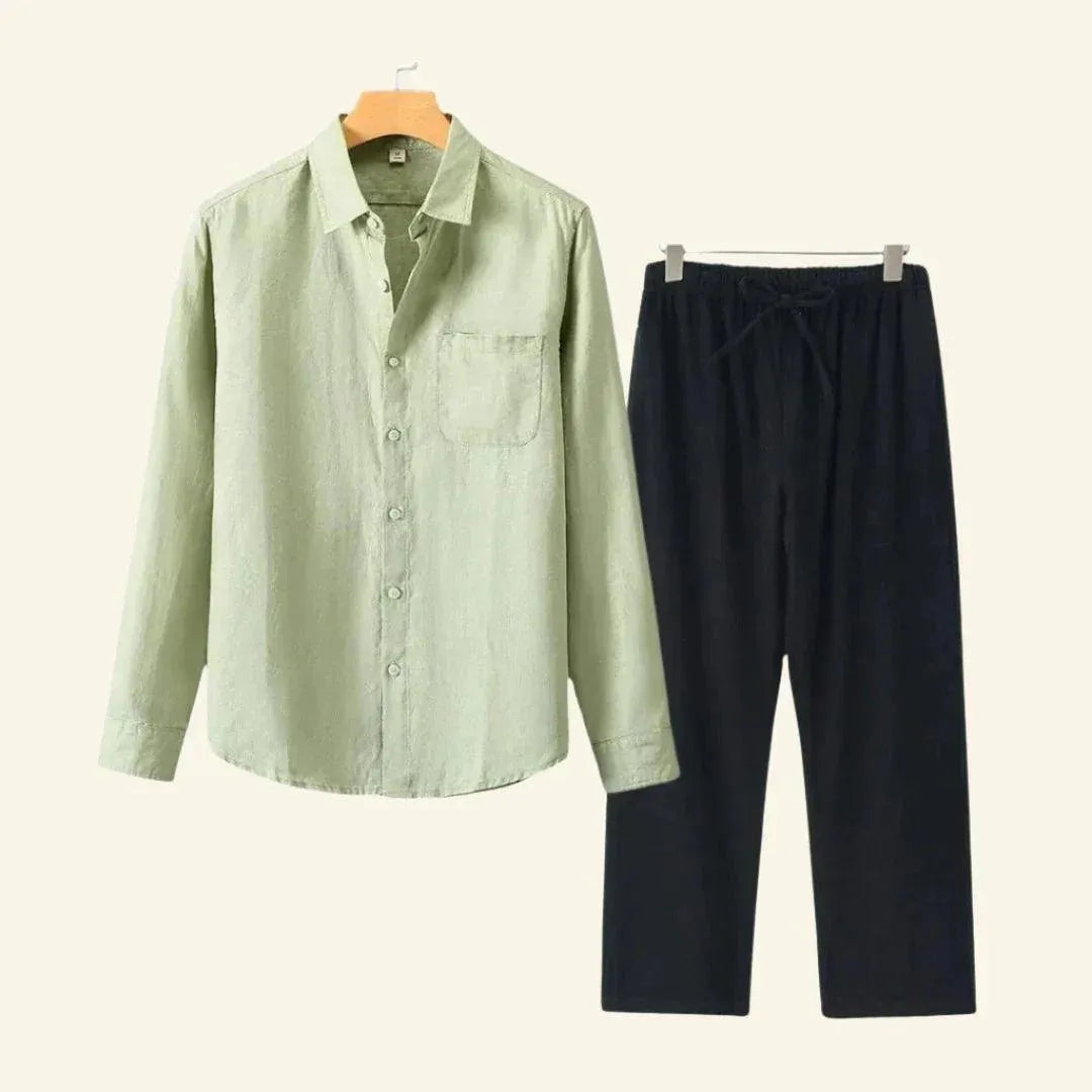 Men's modern casual co-ord set, an effortless two-piece shirt & trousers ensemble for comfortable summer.