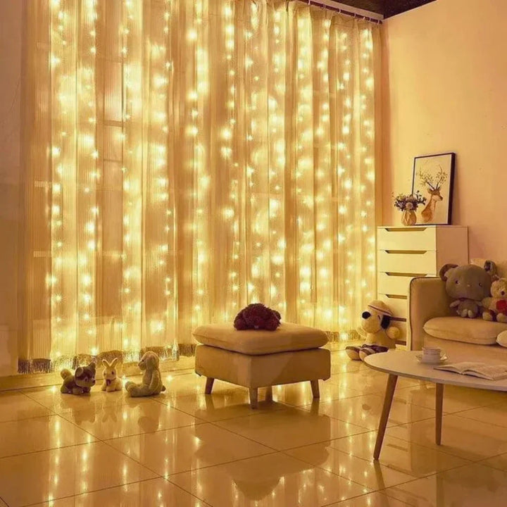 Decorative warm white LED curtain string lights create a magical fairy-like ambiance.