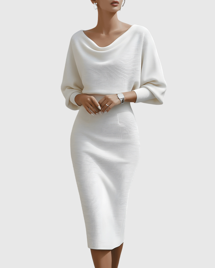 Grey women's evening dress, midi length, featuring a sophisticated cowl neck & batwing sleeves.