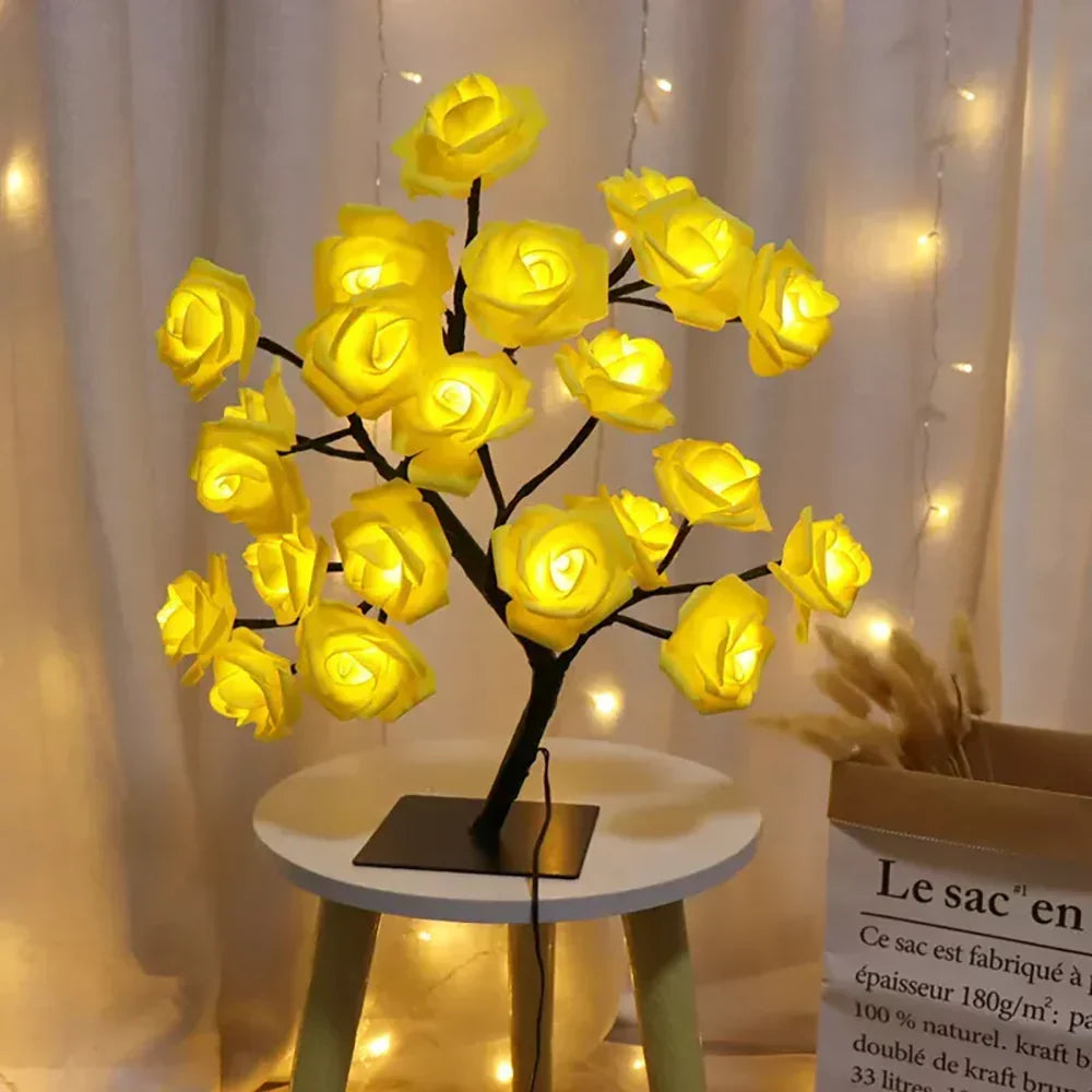 Compact LED rose bonsai lamp, ideal as a decorative tabletop light. Warm white glow.
