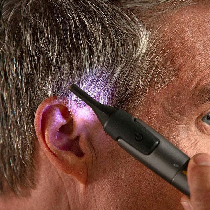 Versatile Men's Precision Trimmer kit, featuring the LED device and various grooming attachments.