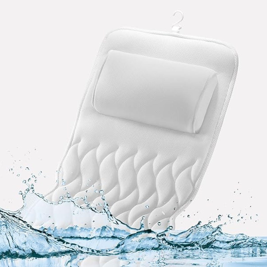 Unisex full body mesh bath pillow in white, designed for quick dry comfort & luxurious bathtub relaxation.