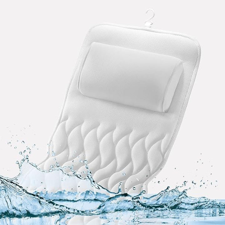 Unisex full body mesh bath pillow in white, designed for quick dry comfort & luxurious bathtub relaxation.