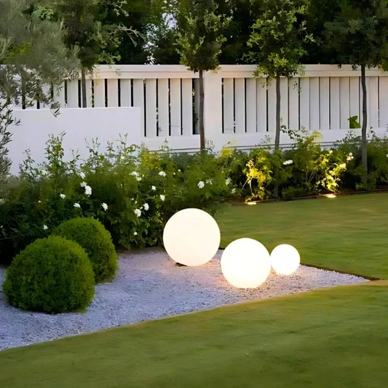 Weatherproof spherical RGB outdoor light, remote controlled LED for garden, patio, and beautiful ambiance.