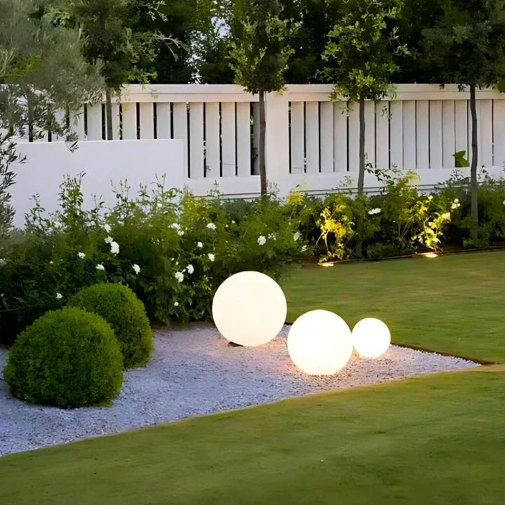 Weatherproof spherical RGB outdoor light, remote controlled LED for garden, patio, and beautiful ambiance.
