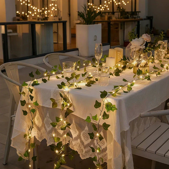 Elegant LED leaf string lights, warm white glow, perfect for indoor/outdoor decorative ambiance.