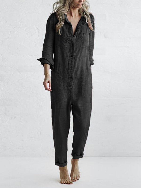 Versatile women's long sleeve button-front jumpsuit, a chic one-piece ideal for various occasions.