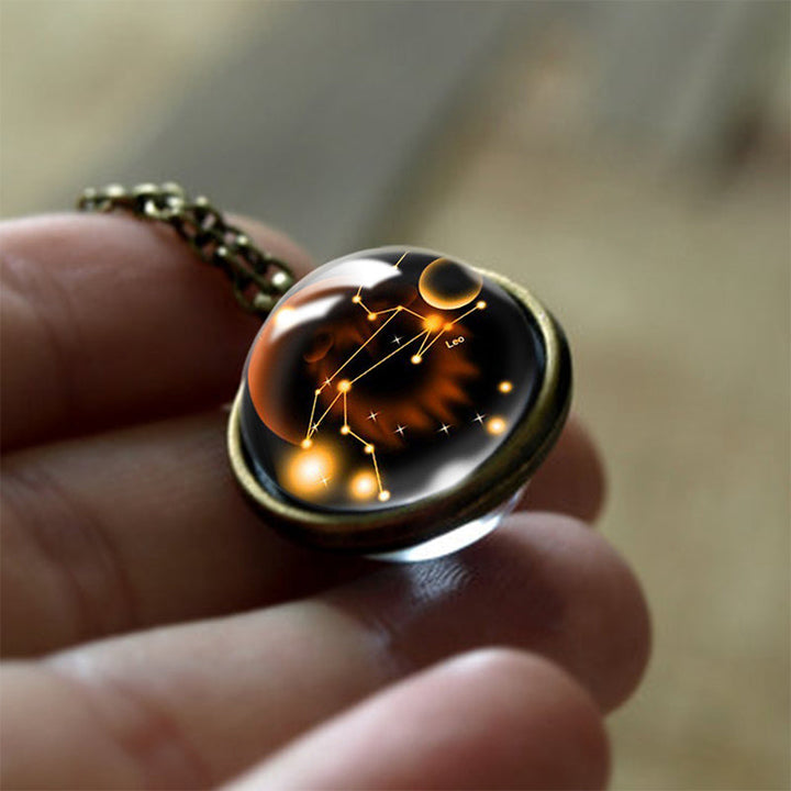 Spiritual protection women's zodiac sign glass pendant necklace. Unique astrology jewelry gift.