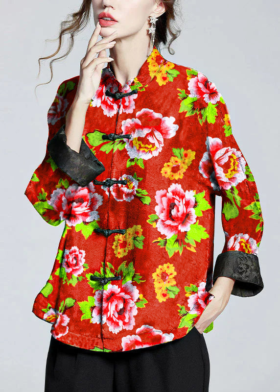 Bold women's printed stand collar coat, a true fashion statement piece. Elegant long-sleeve outerwear for any occasion.