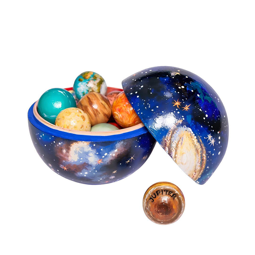 Colorful wooden solar system planet set for kids, an educational toy for learning about space and planets.