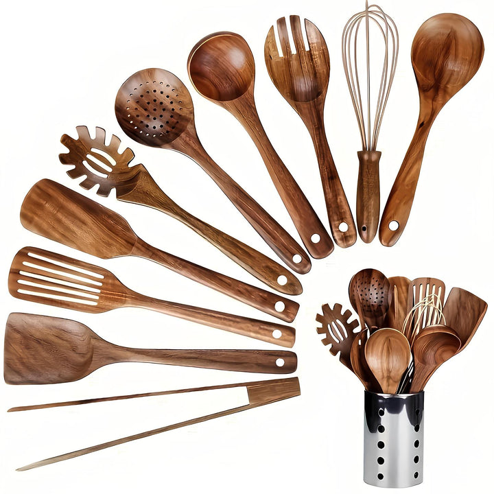 11-piece natural teak wood kitchen utensil set with matching holder, perfect for non-stick cookware & organization.