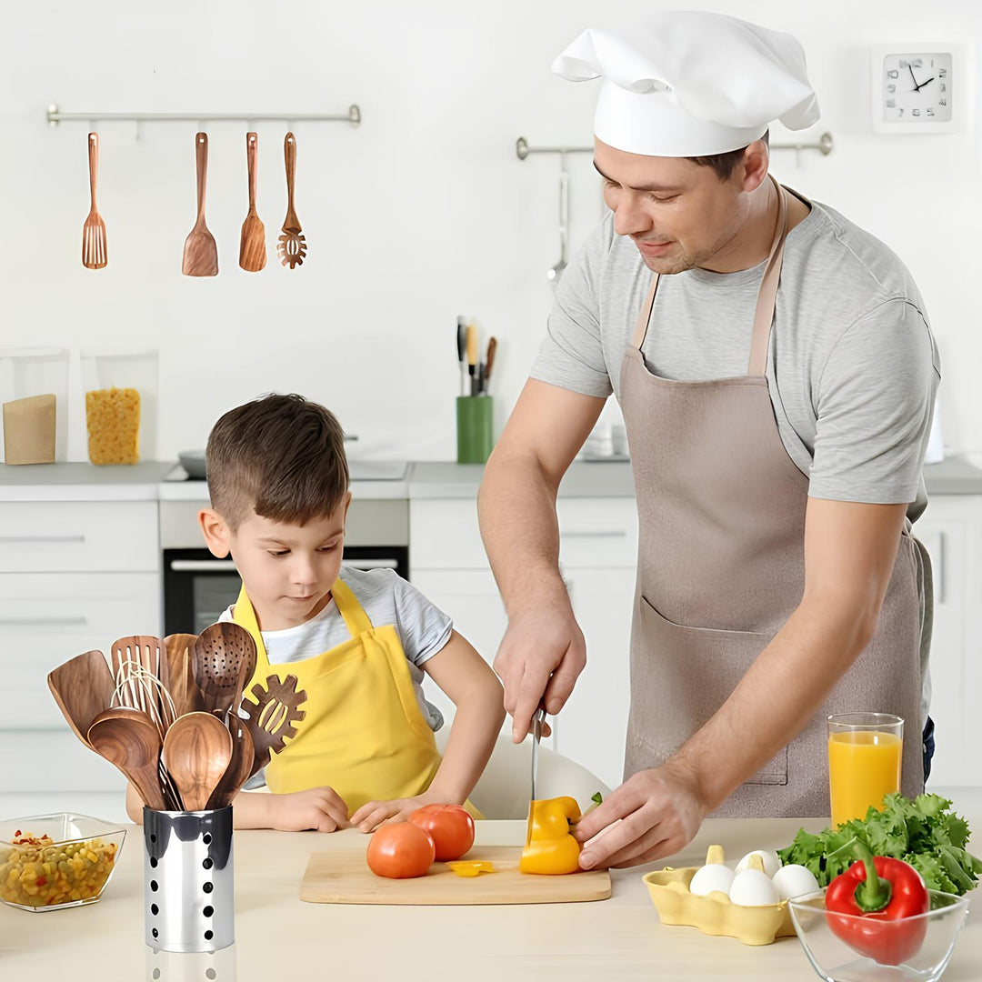 Complete 11-piece set of natural teak wood cooking tools, including a stylish holder for kitchen counter display.