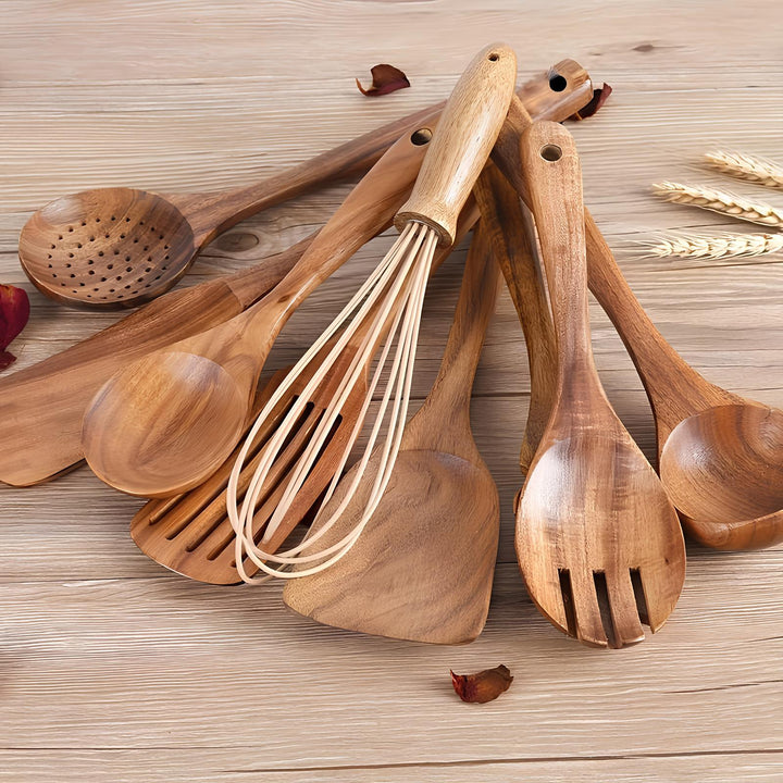 Handcrafted non-stick safe teak wood utensil set, 11 pieces with a storage holder for organized, natural cooking.
