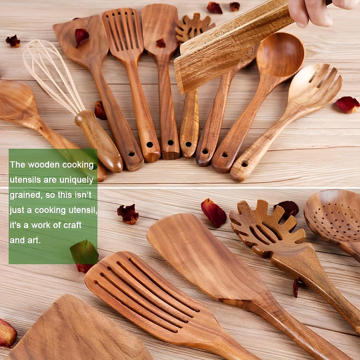 Elegant brown 11-piece teak wood kitchen utensil set, including holder, ideal for non-stick pots and pans.