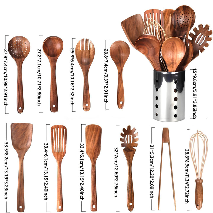 Premium 11-piece natural teak wood kitchen utensil set with holder, durable cooking tools for a non-stick kitchen.