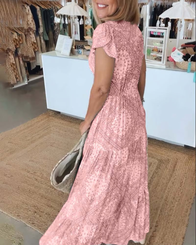 Elegant V-Neck Dress in White, Rosa, Blue