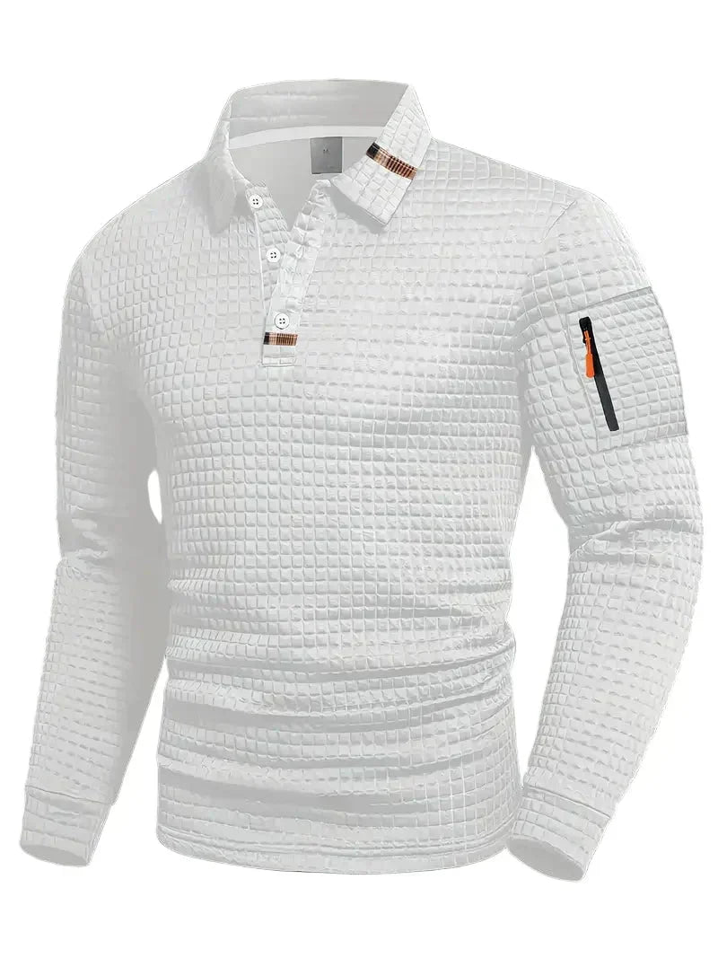 Fashionable men's long-sleeve polo shirt, versatile with a practical sleeve pocket for everyday wear.