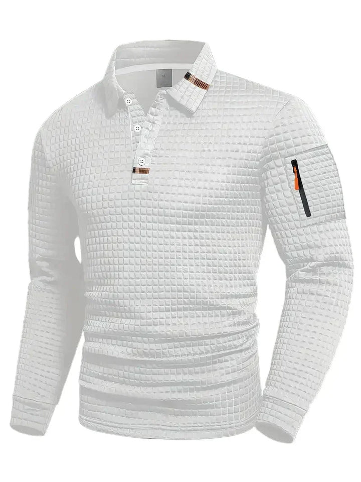 Fashionable men's long-sleeve polo shirt, versatile with a practical sleeve pocket for everyday wear.