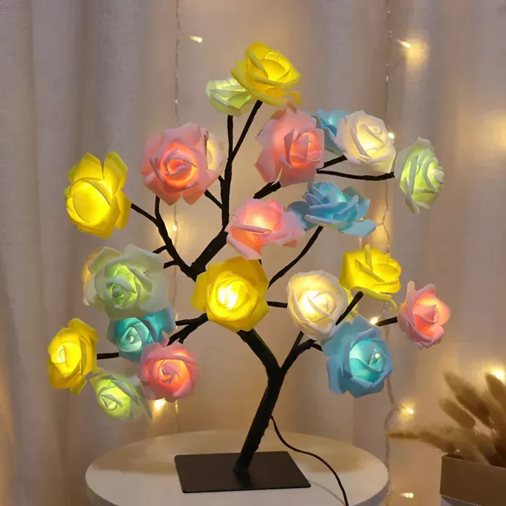 Beautiful LED flower lamp, a perfect home decor gift. Rose blossom bonsai style, warm white.