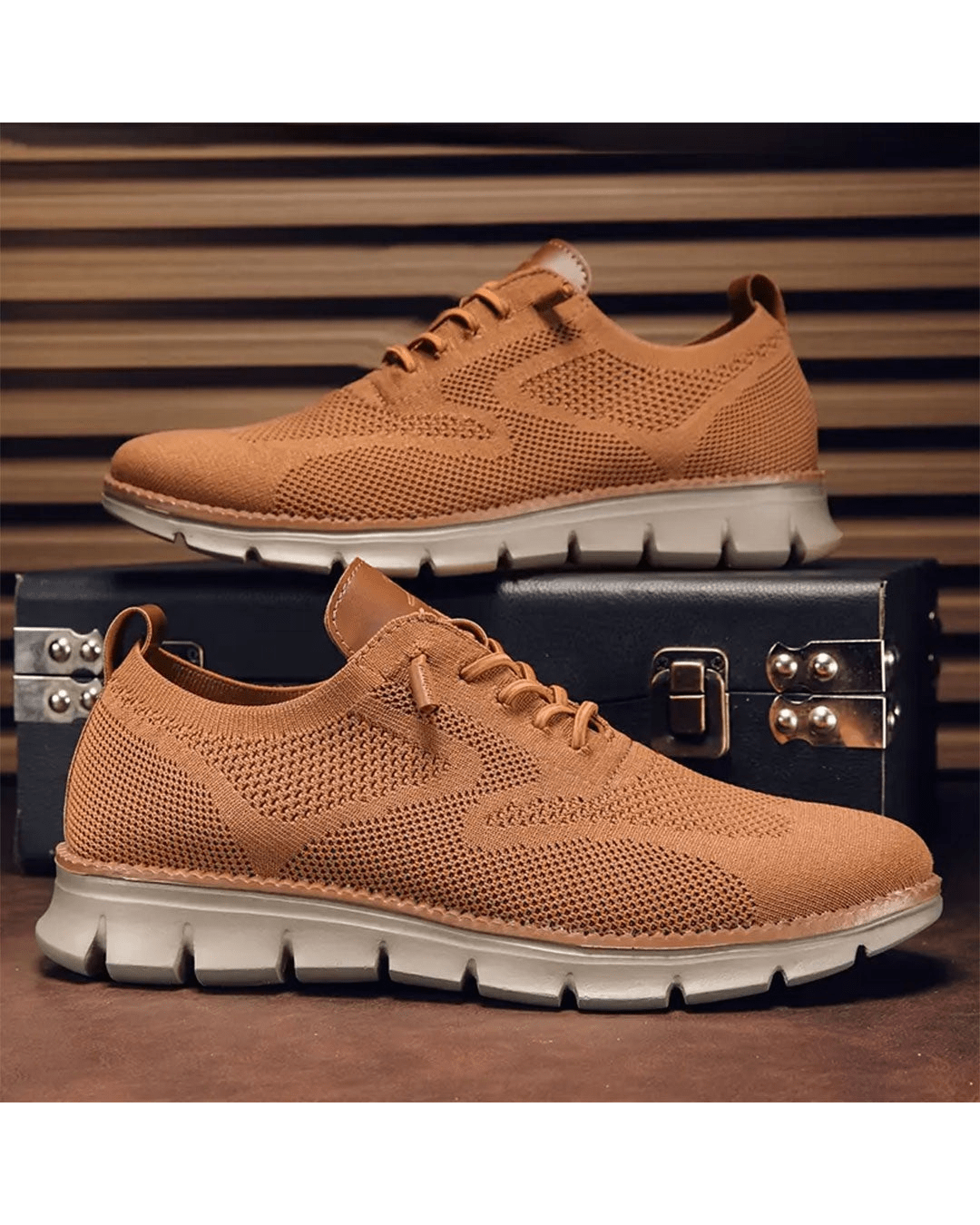 Texture detail of breathable upper on men's everyday comfort sneakers.