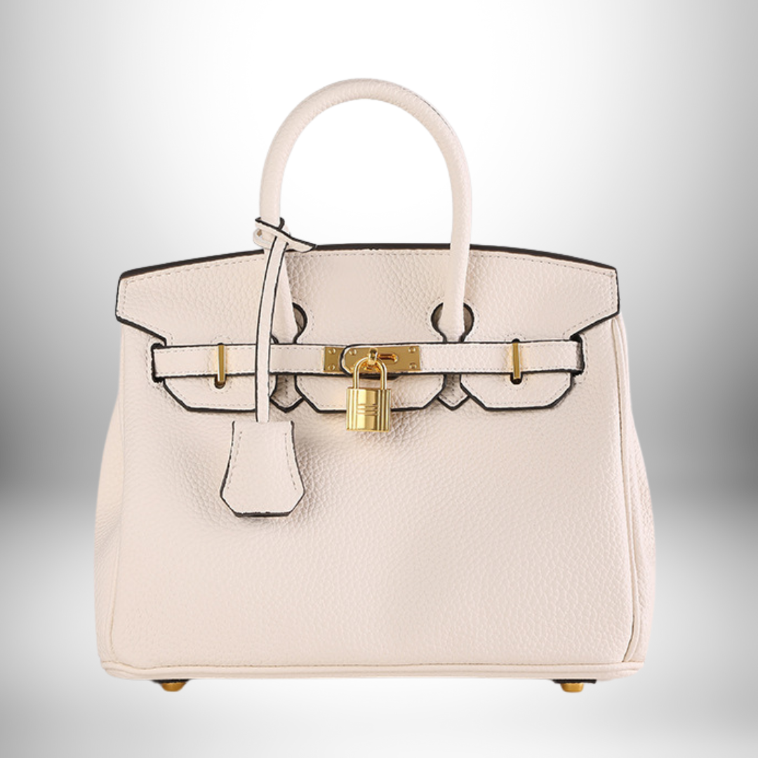 Fashionable women's purse, elegant embossed leather design and prominent gold accents.