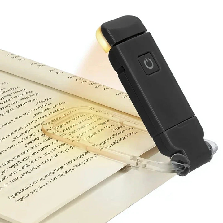 Flexible gooseneck clip-on LED reading light, rechargeable USB, eye-care dimmable for students.