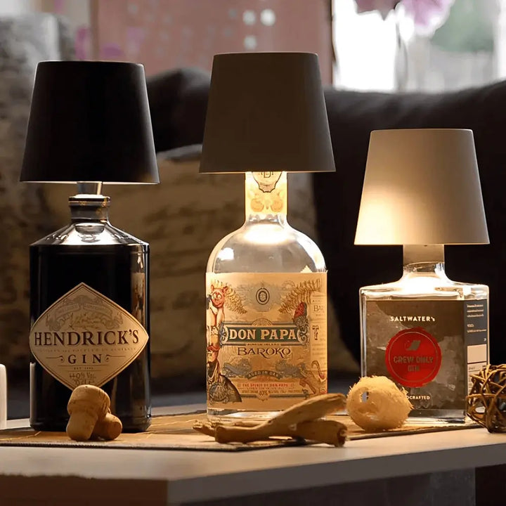 Rechargeable LED bottle lamp cap, universal design for upcycling bottles into stylish home decor.