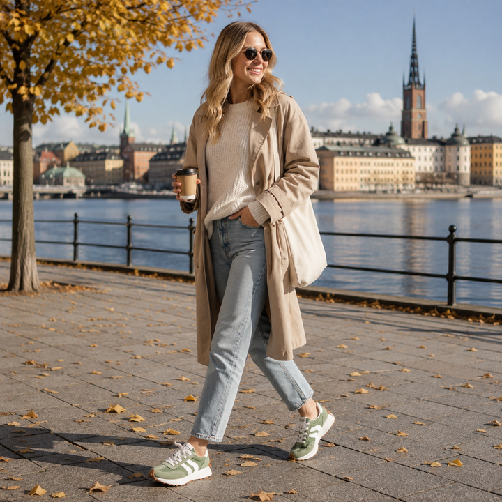 Retro platform sneakers for women, chunky sole, lace-up, stripe detail, perfect for vintage fashion.
