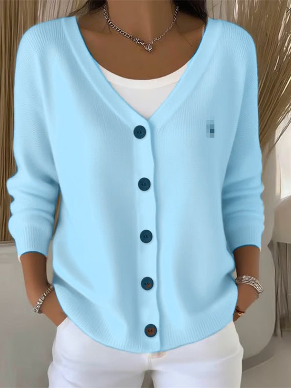 Stylish women's V-neck knit cardigan with buttons, a versatile long-sleeve top for work, weekend, or casual wear.
