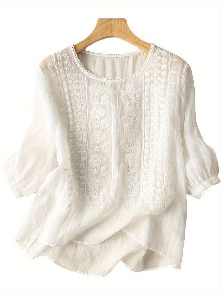 Versatile women's embroidered long sleeve top, relaxed fit, perfect for any occasion from casual to chic.