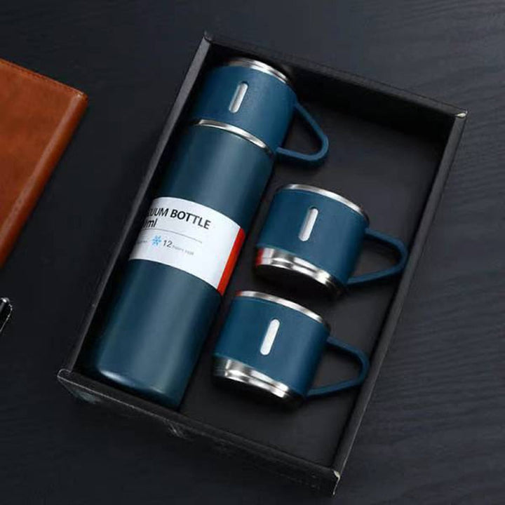 Stainless steel 12-hour thermos flask, keeping drinks hot or cold for extended periods.