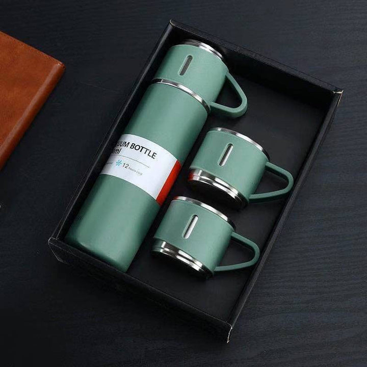 Side view of the 12-hour thermos flask, highlighting its compact size and cup lid.