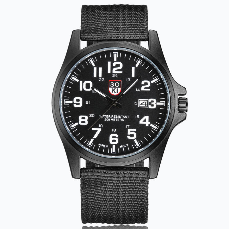 Ultra-durable men's military watch, scratch-resistant, illuminated display, robust stainless steel timepiece.