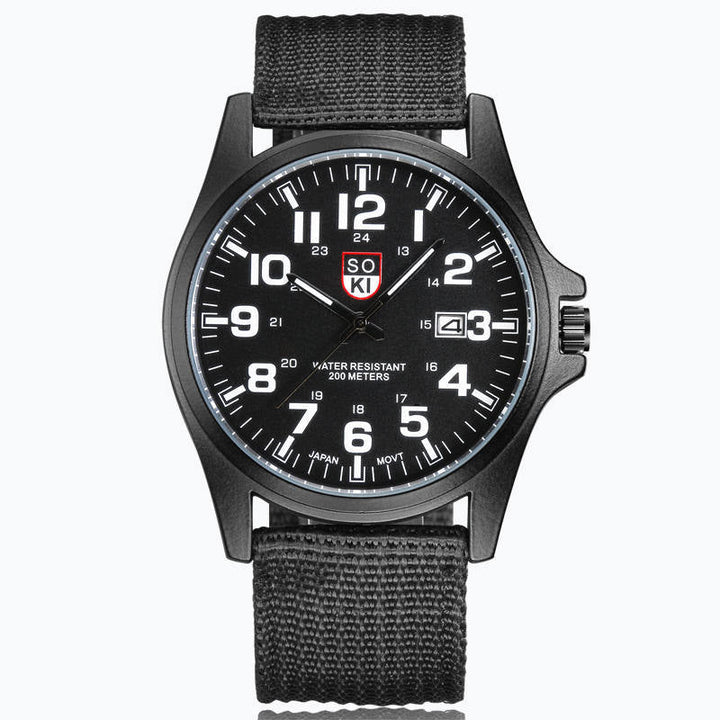 Ultra-durable men's military watch, scratch-resistant, illuminated display, robust stainless steel timepiece.