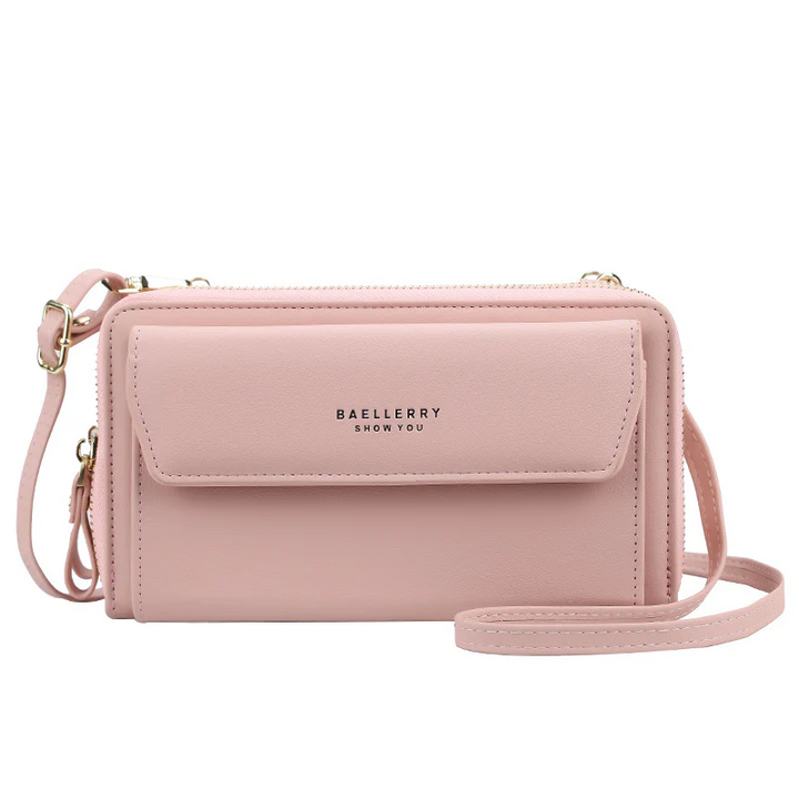 Durable women's crossbody phone wallet, perfect for organizing your cards, cash, and smartphone on the go.