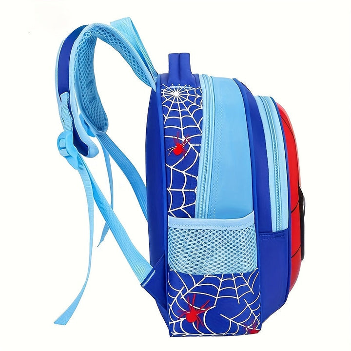 Detailed view of the Spider-Man logo on a kids' adventure backpack, a stylish school bag for web-slinging fans.
