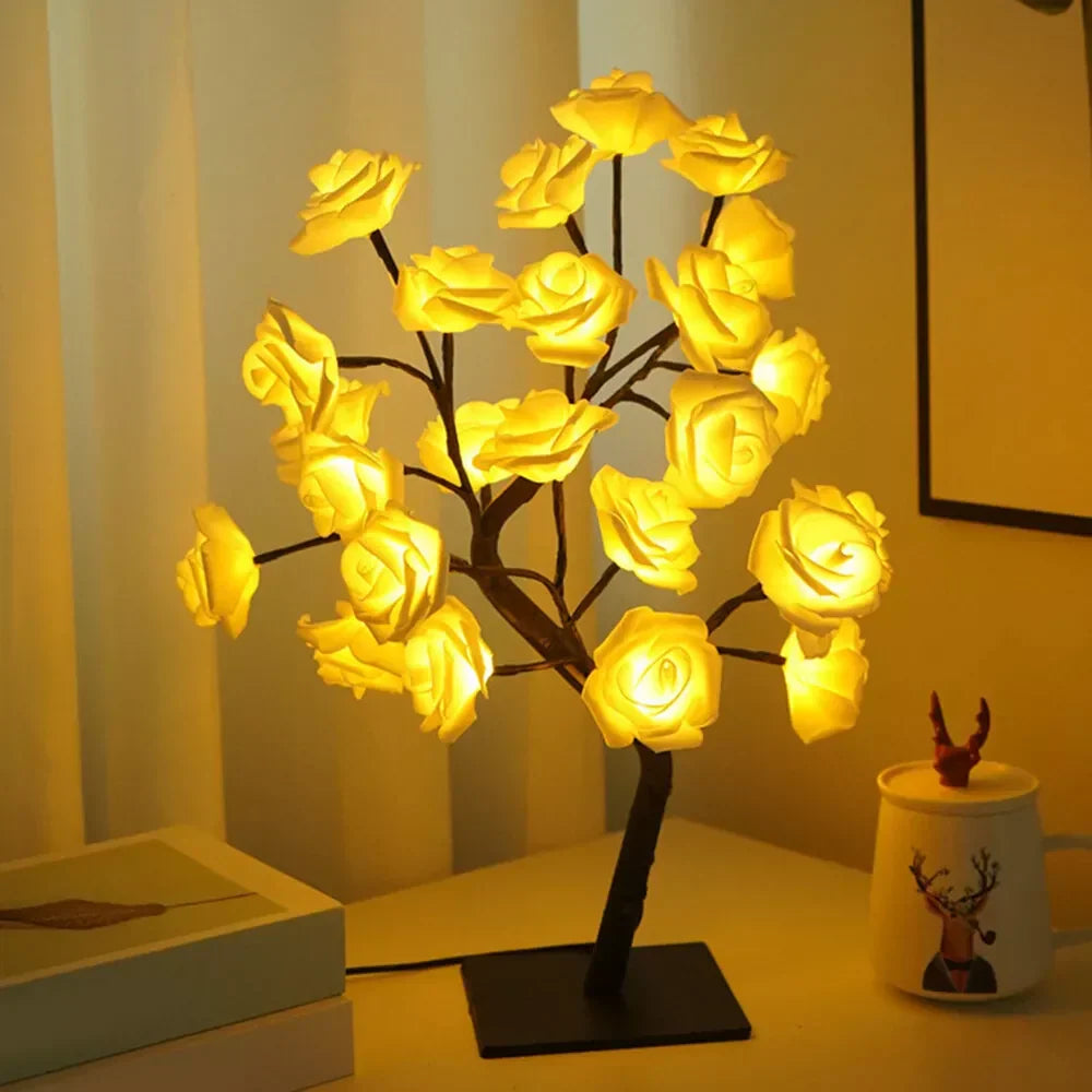Elegant LED rose tree lamp providing ambient lighting and home decor in a living room.