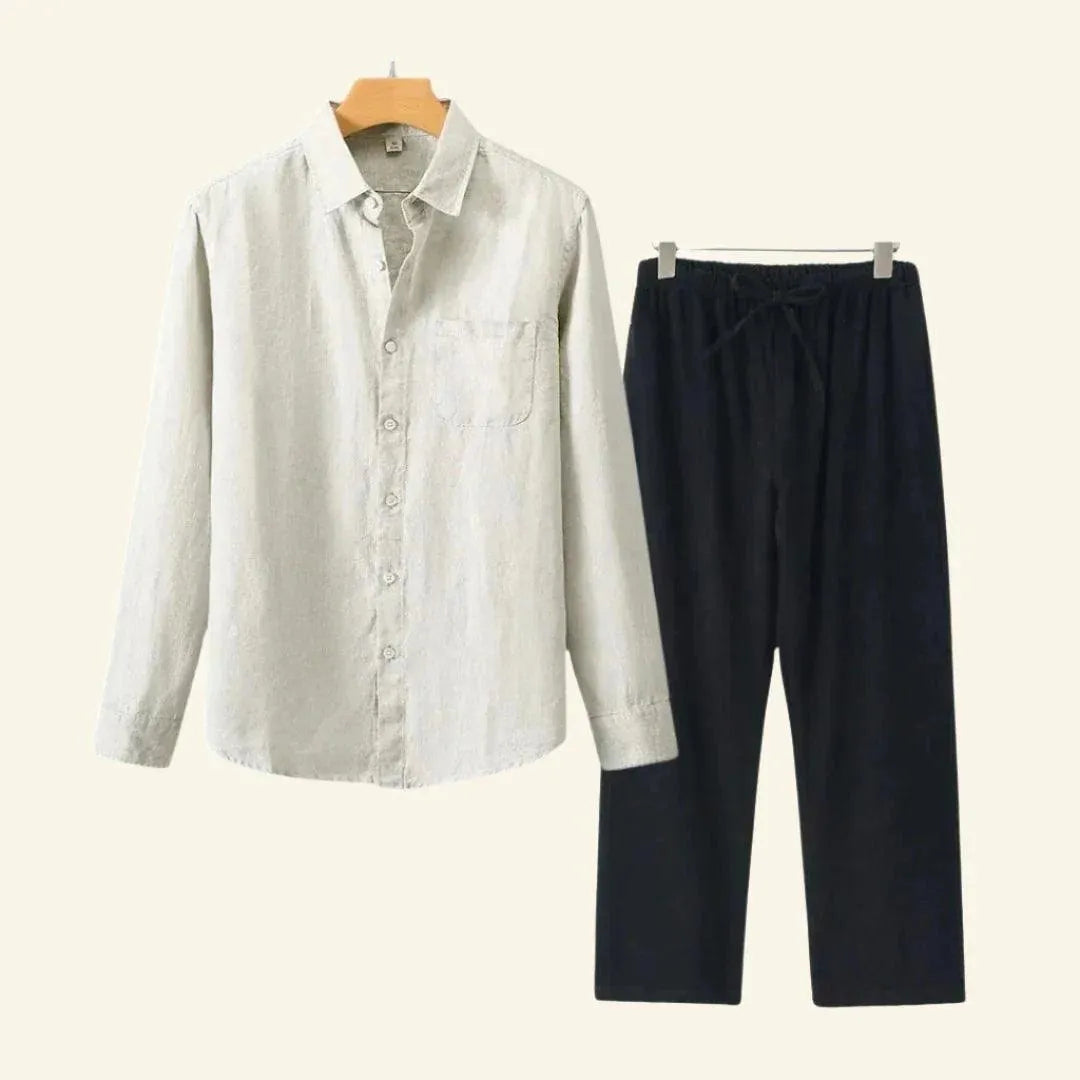 Premium men's two-piece co-ord set: stylish relaxed fit shirt & trousers, perfect for everyday comfort.