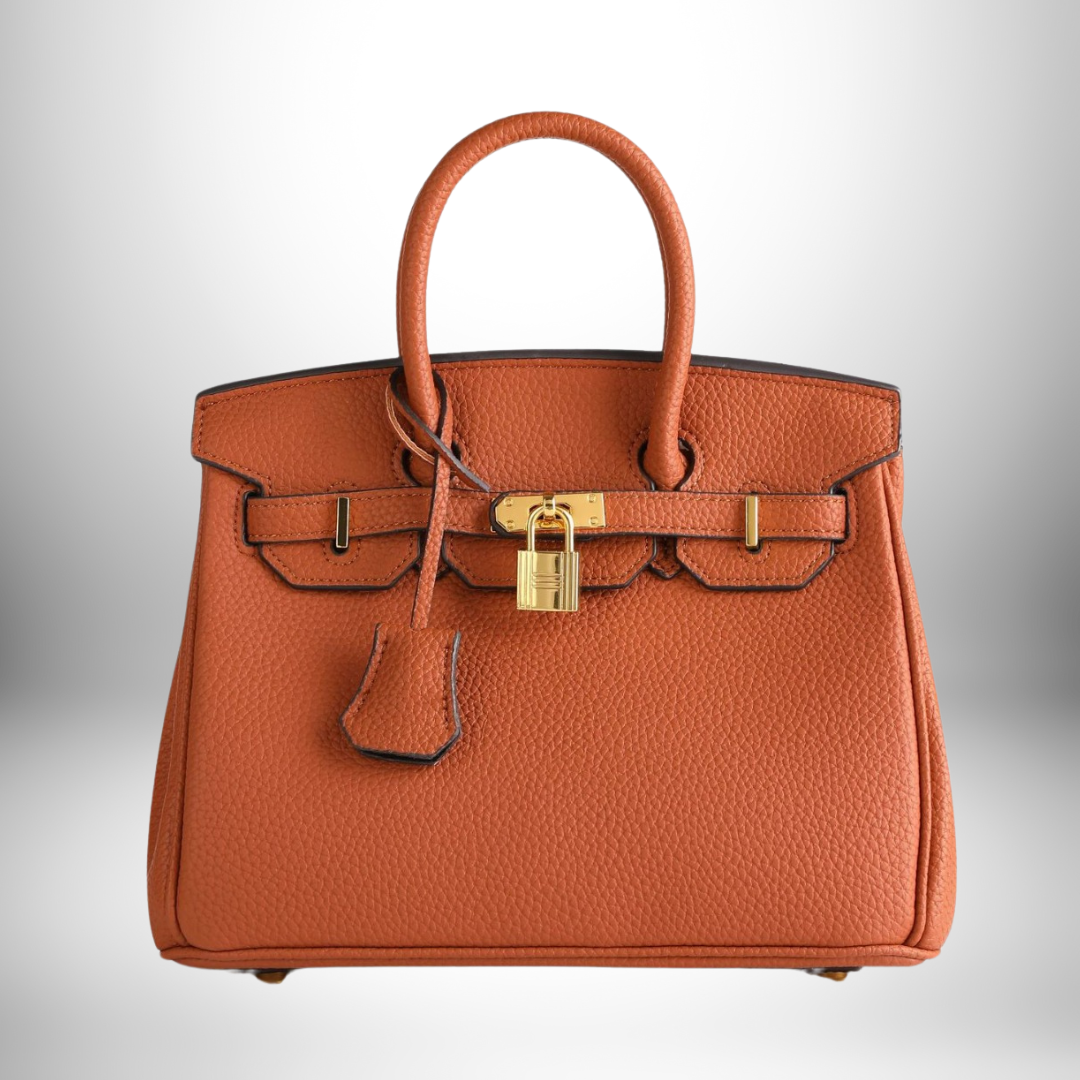 High-quality women's accessory: sophisticated embossed leather bag with golden details.