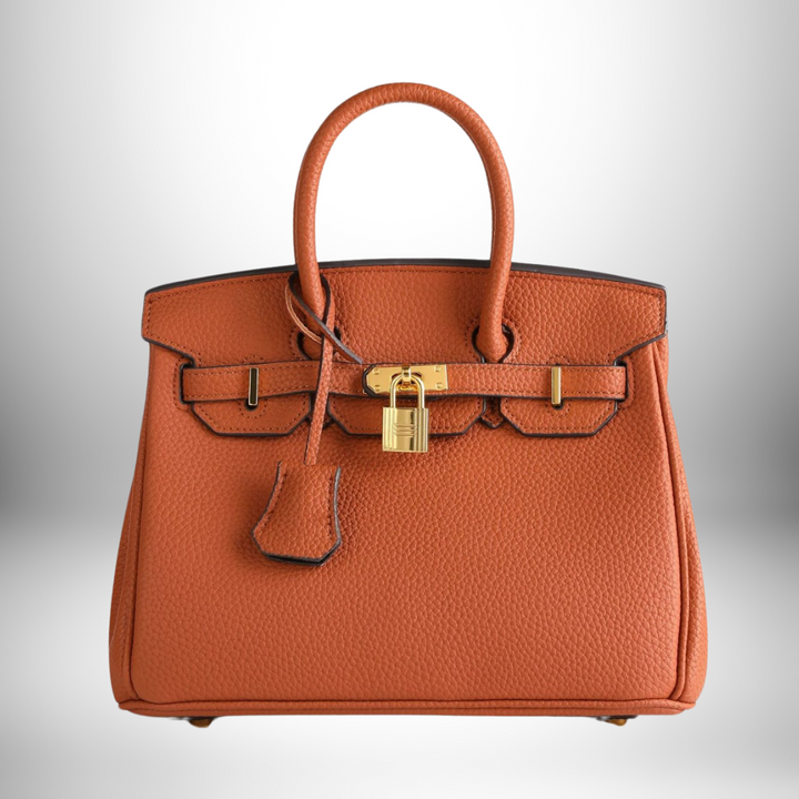 High-quality women's accessory: sophisticated embossed leather bag with golden details.