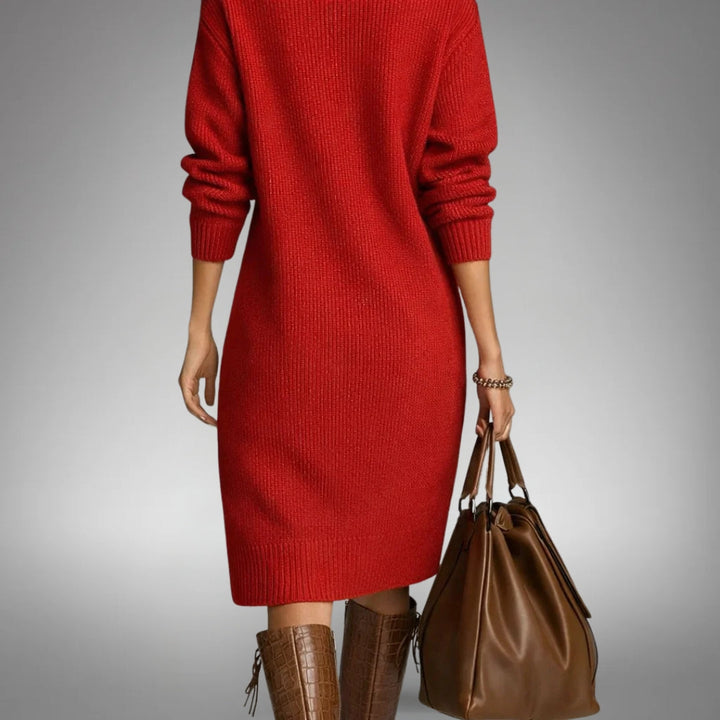 Women's elegant midi dress featuring a high neck, great for professional or casual occasions.