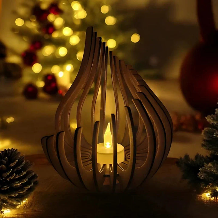 Decorative wooden candle holder, hollow carved design, ideal for tea lights and home decor.