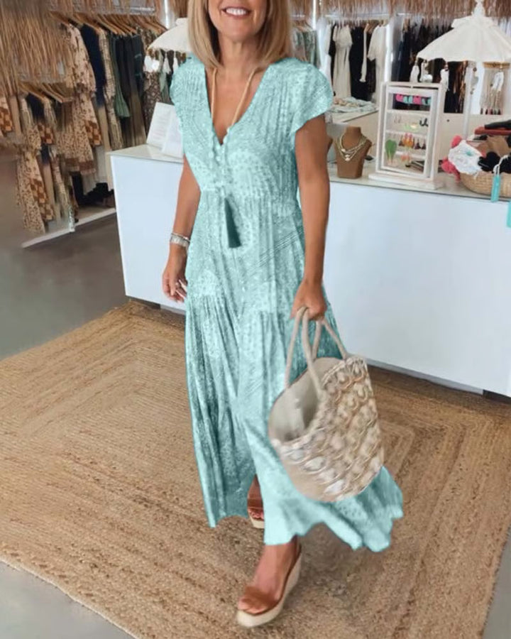 Elegant V-Neck Dress in White, Rosa, Blue