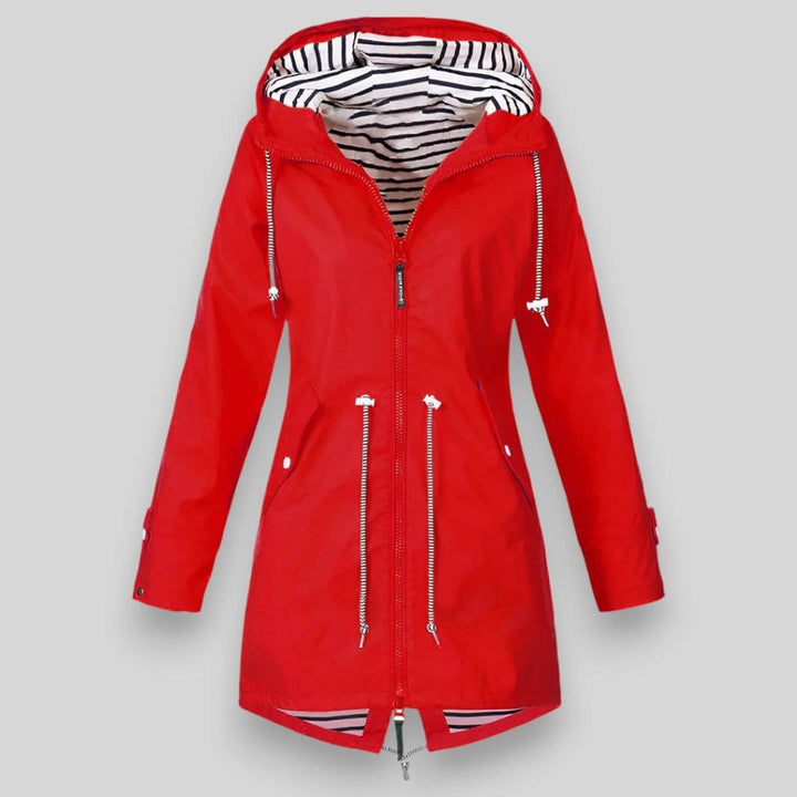 Lightweight women's windbreaker rain jacket with hood, offering waterproof protection for outdoor wear.
