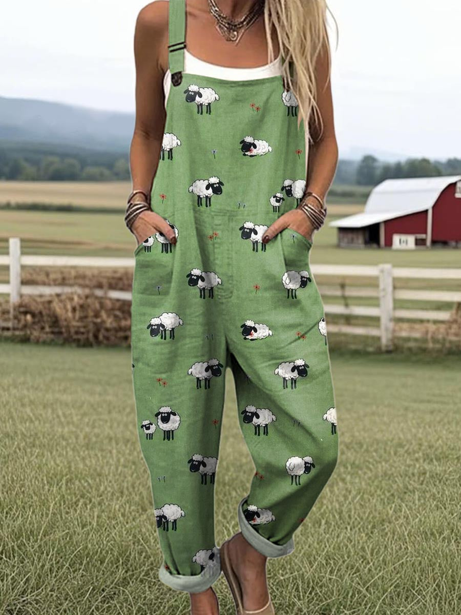 Whimsical Sheep Jumpsuit - Green Dungarees
