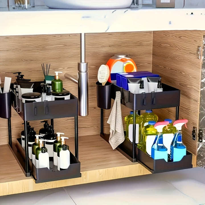 Versatile 2-tier under sink & cabinet organizer with hooks & cup, perfect for space-saving home organization.