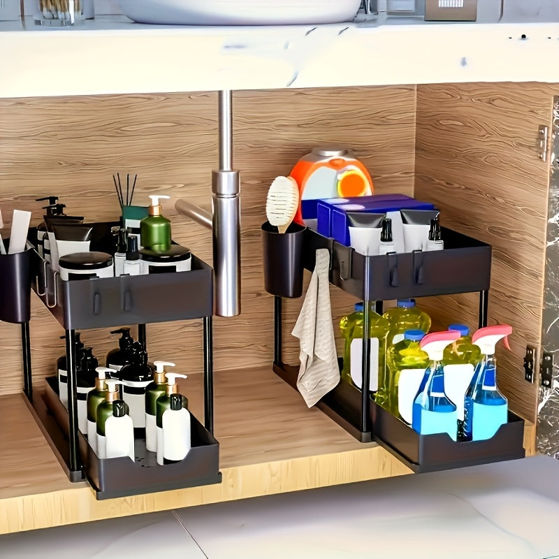 Efficient home organization with this 2-tier under sink caddy, including hooks & cup for versatile storage.