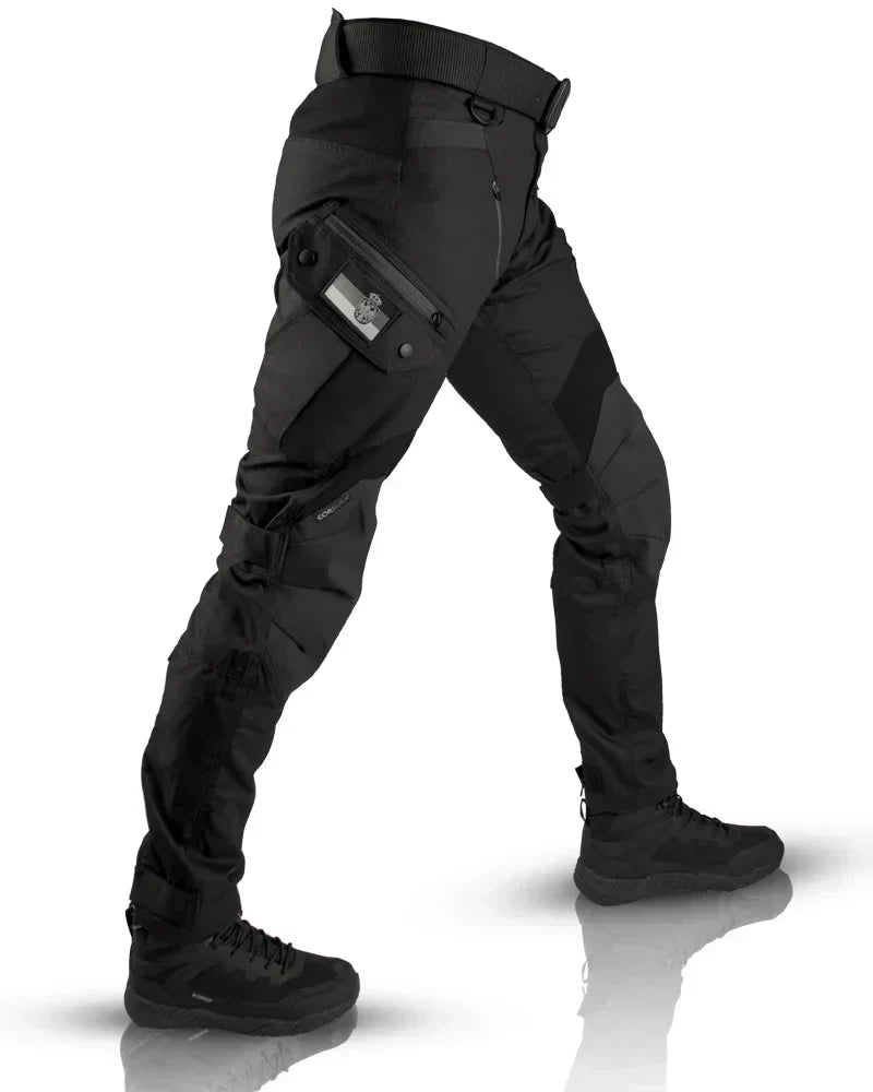 Men's durable black tactical pants, perfect for outdoor adventures, workwear & utility. Multi-pocket design.
