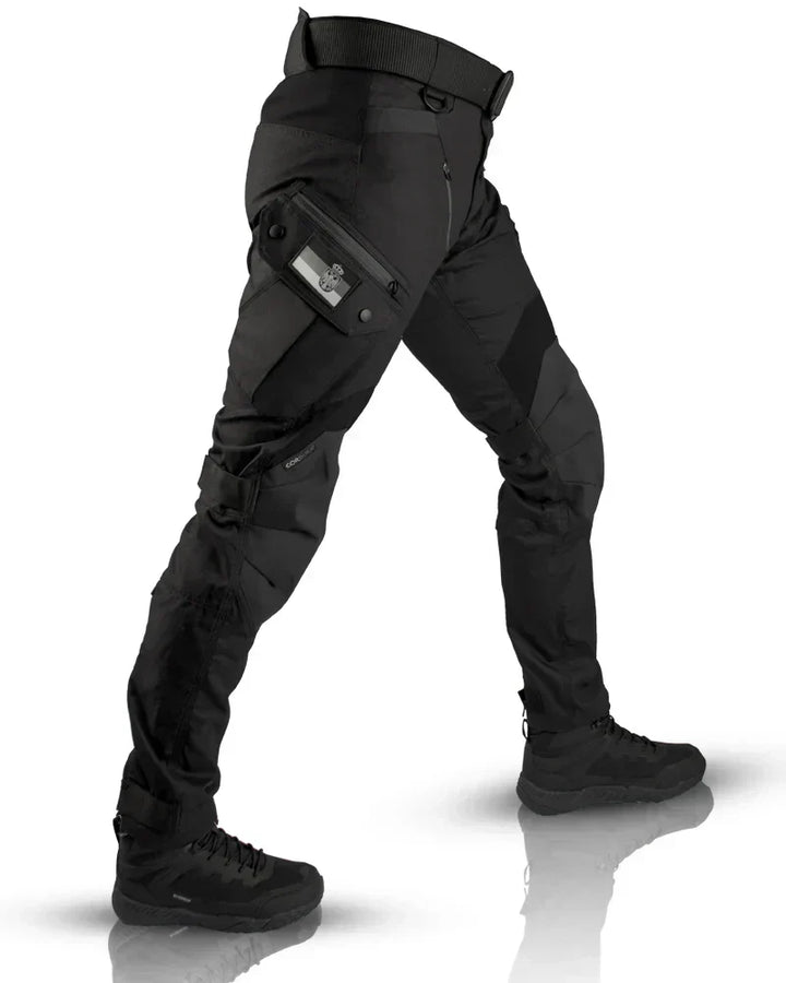 Men's durable black tactical pants, perfect for outdoor adventures, workwear & utility. Multi-pocket design.